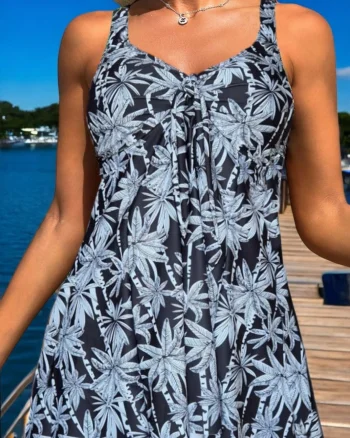 Costum de baie marime mare, tankini, 2 piese, fusta si pantaloni scurti, alb negru w139