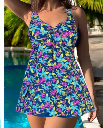Costum de baie marime mare, tankini, 2 piese, fusta si pantaloni scurti, multicolor w139