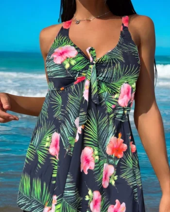 Costum de baie marime mare, tankini, 2 piese, fusta si pantaloni scurti, ocean flowers w139
