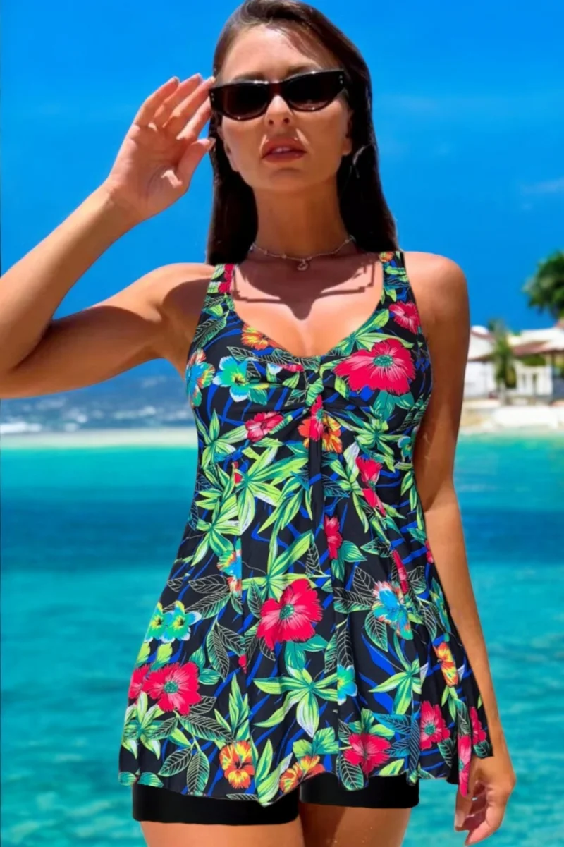 Costum de baie marime mare, tankini, 2 piese, fusta si pantaloni scurti, floral w139