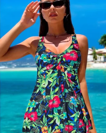 Costum de baie marime mare, tankini, 2 piese, fusta si pantaloni scurti, floral w139