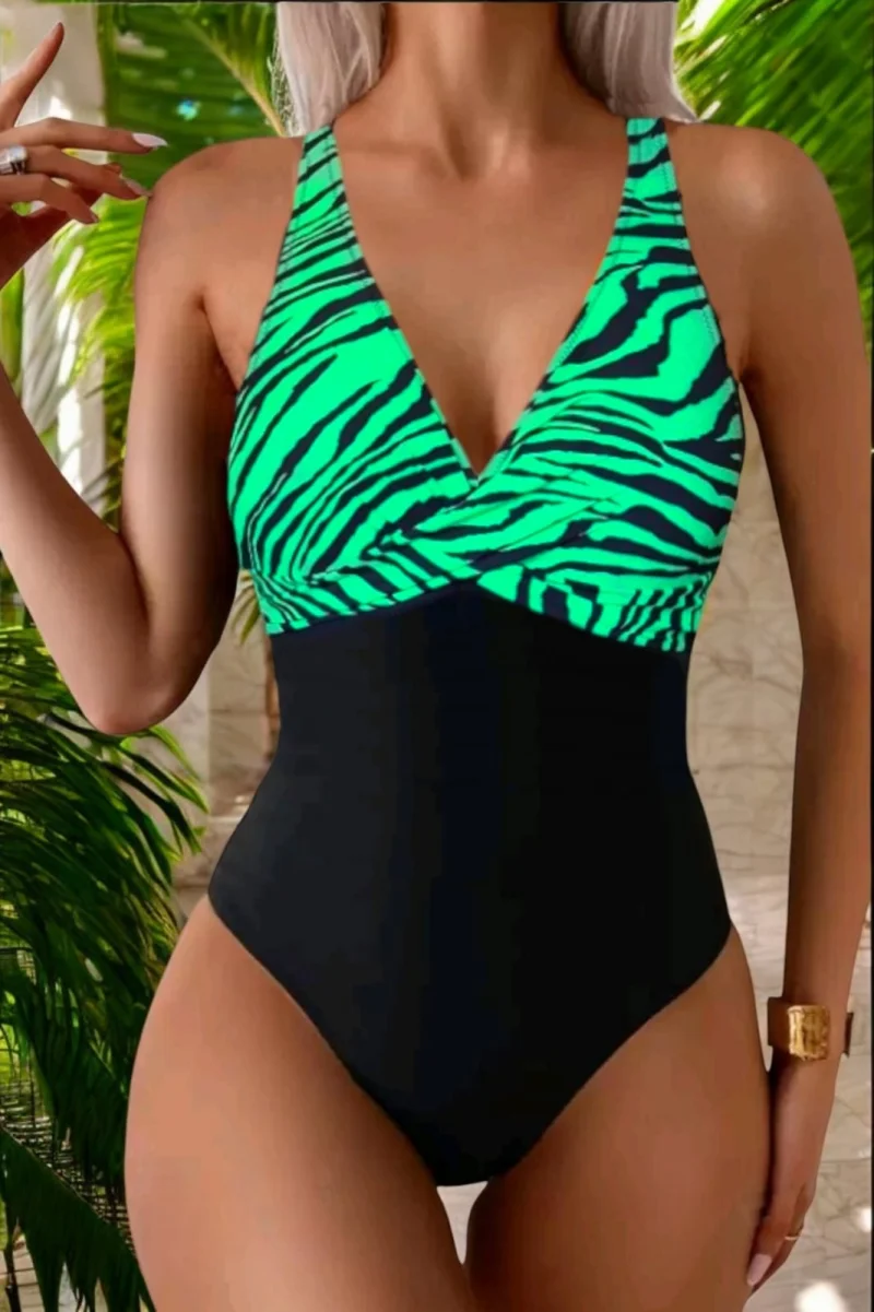 Costum de baie intreg dama, modelator, negru verde neon, Wild paradise
