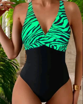 Costum de baie intreg dama, modelator, negru verde neon, Wild paradise
