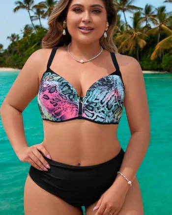 Costum de baie marime mare, 2 piese, cupe voluminoase, Serena negru roz