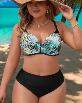 Costum de baie marime mare, 2 piese, cupe voluminoase, Serena negru verde