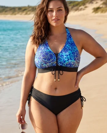 Costume de baie dama 2 piese, marime mare, snur sutien si slip, Julia albastru
