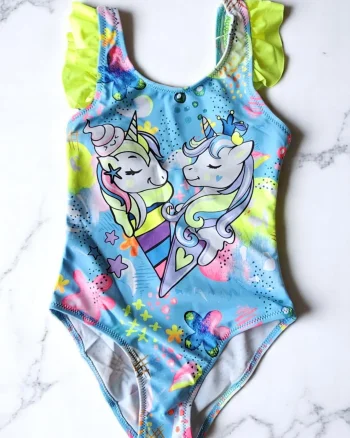 Costum de baie fete intreg, imprimeu unicorni, albastru galben