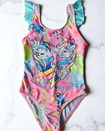Costum de baie fete intreg, imprimeu unicorni, roz albastru