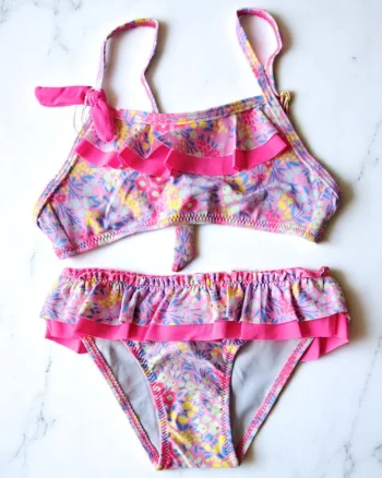 Costum de baie fete 2 piese, cu volane roz