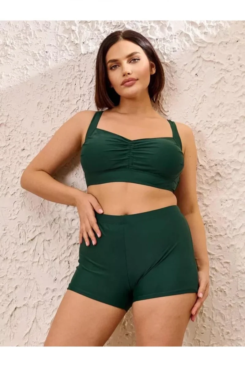 Costum baie dama 2 piese, marime mare, slipi tip pantaloni scurti, verde inchis m5201 2269