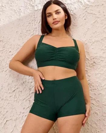 Costum baie dama 2 piese, marime mare, slipi tip pantaloni scurti, verde inchis m5201 2269