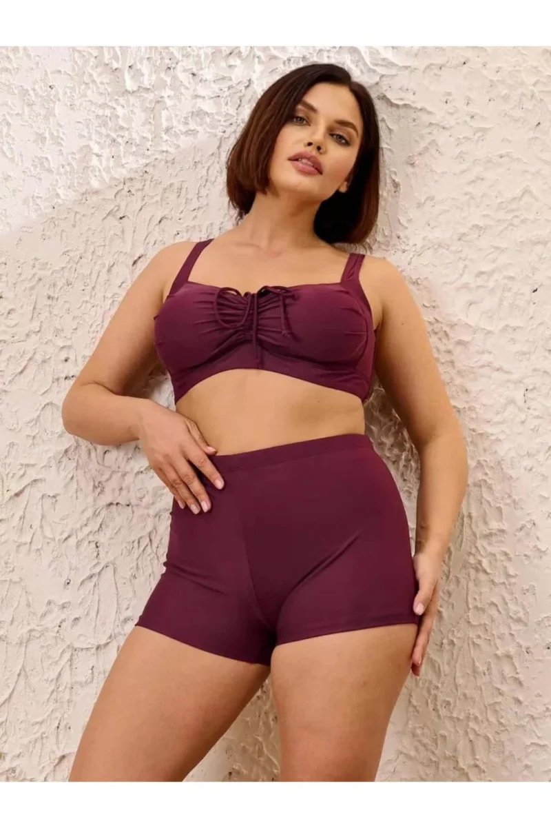 Costum baie dama 2 piese, marime mare, slipi tip pantaloni scurti, visiniu m5202