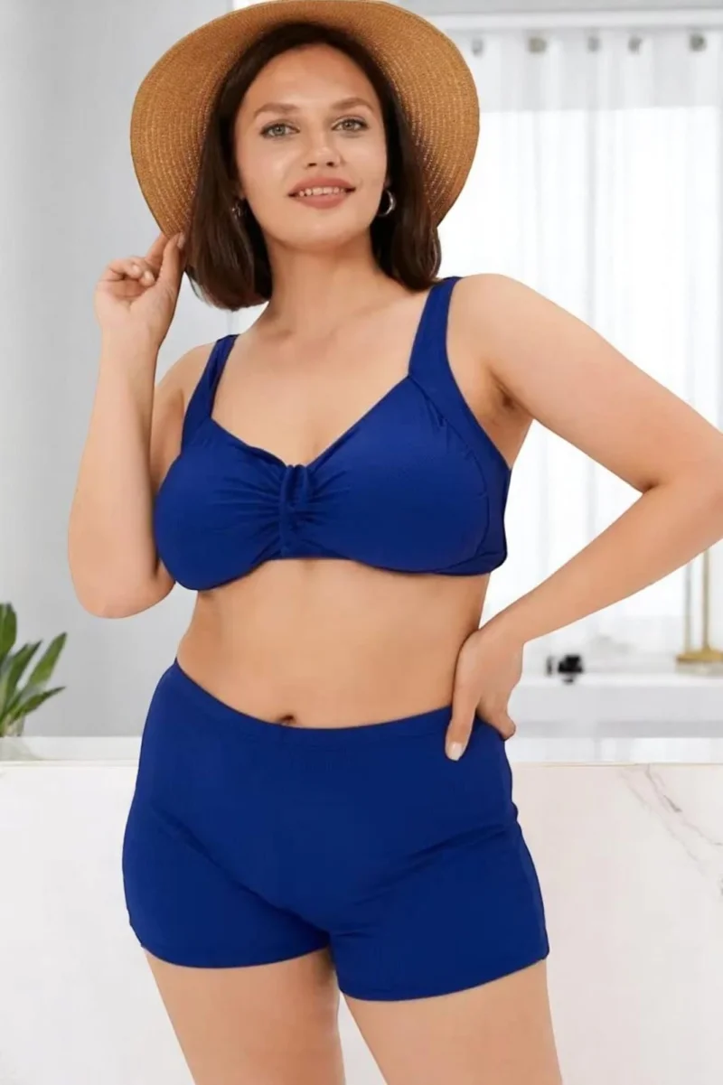 Costum baie dama 2 piese, marime mare, slipi tip pantaloni scurti, albastru inchis m5202