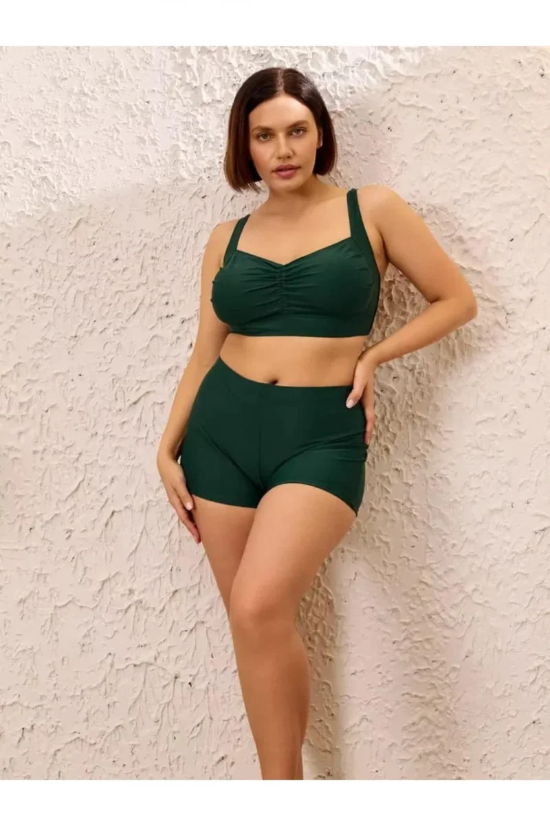 Costum baie dama 2 piese, marime mare, slipi tip pantaloni scurti, verde m5202