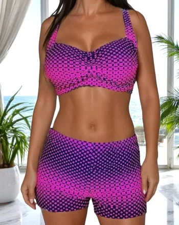 Costum de baie 2 piese, marime mare, slipi tip pantaloni scurti, sutien bustiera, digital roz 2296 z