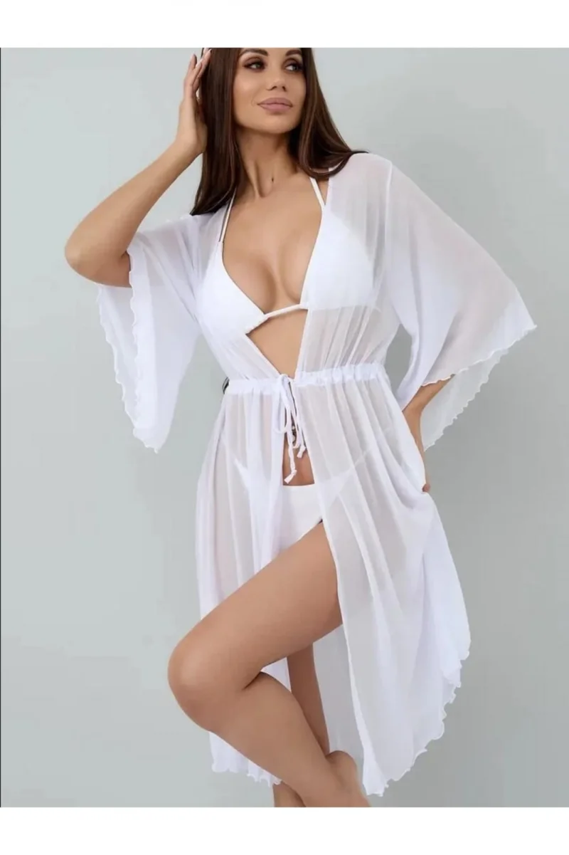 Rochie de plaja dama pareo, cu cordon inchidere in talie, alb 00123