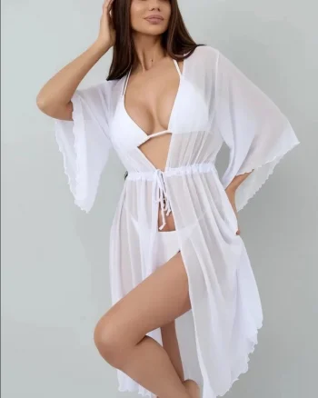 Rochie de plaja dama pareo, cu cordon inchidere in talie, alb 00123