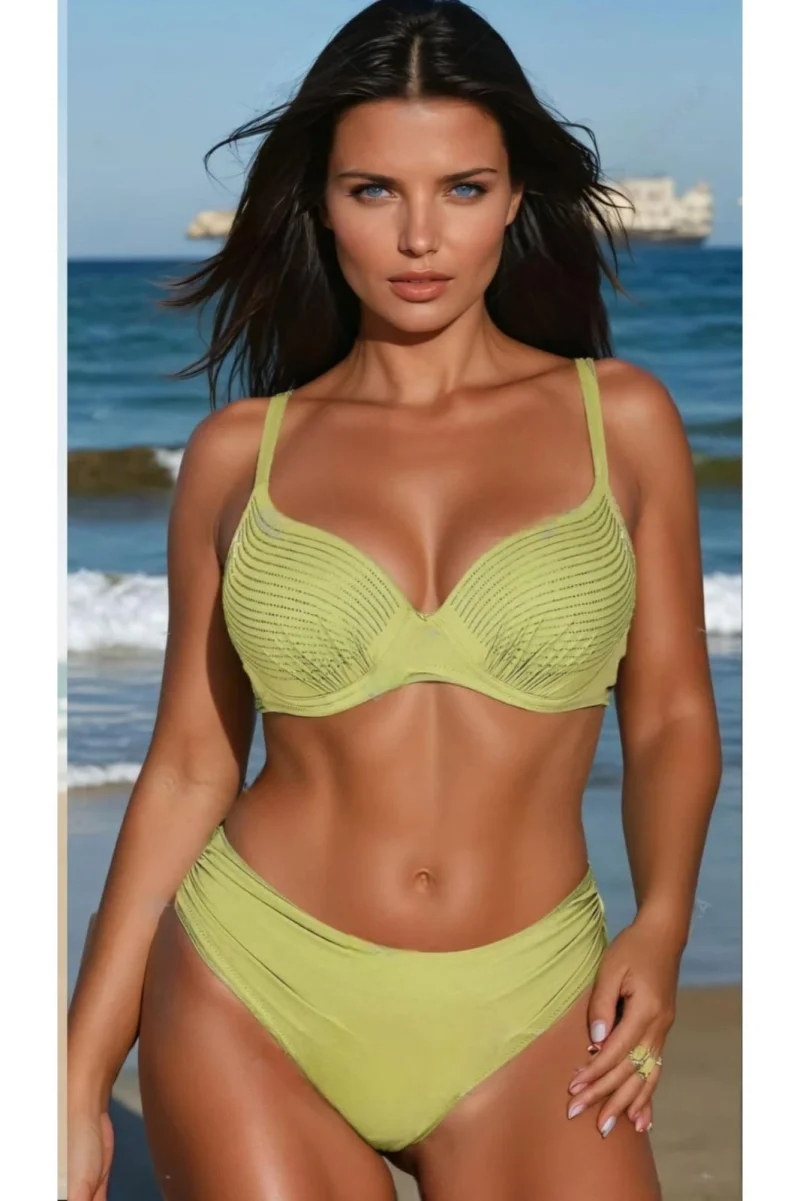 Set Costum Baie Doua piese dama cu aplicatii pe sutien, green Shine lm048