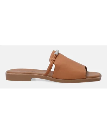 Papuci din piele cu varf patrat, Maro