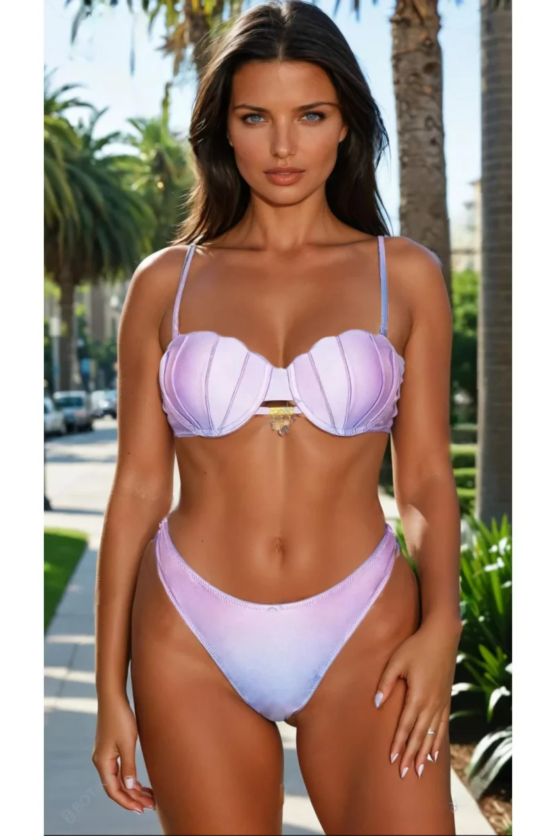 Costum de baie din 2 piese, slip tanga, sutien push-up forma scoica y9118 mov