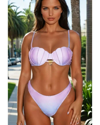Costum de baie din 2 piese, slip tanga, sutien push-up forma scoica y9118 mov