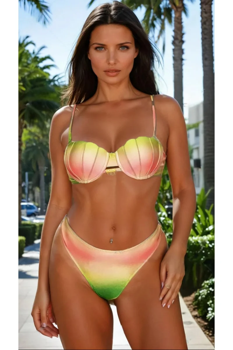 Costum de baie din 2 piese, slip tanga, sutien push-up forma scoica y9118 verde