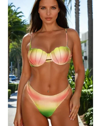 Costum de baie din 2 piese, slip tanga, sutien push-up forma scoica y9118 verde