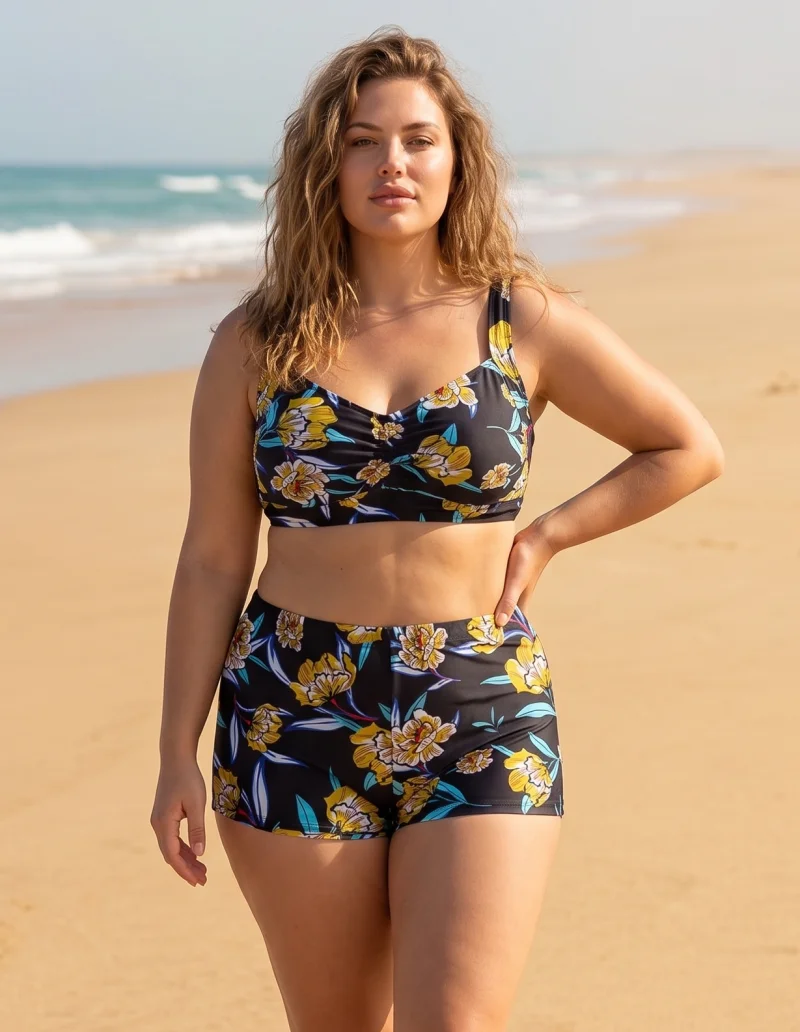 Costum baie dama 2 piese, marime mare, slipi tip pantaloni scurti, tropical yellow M5007