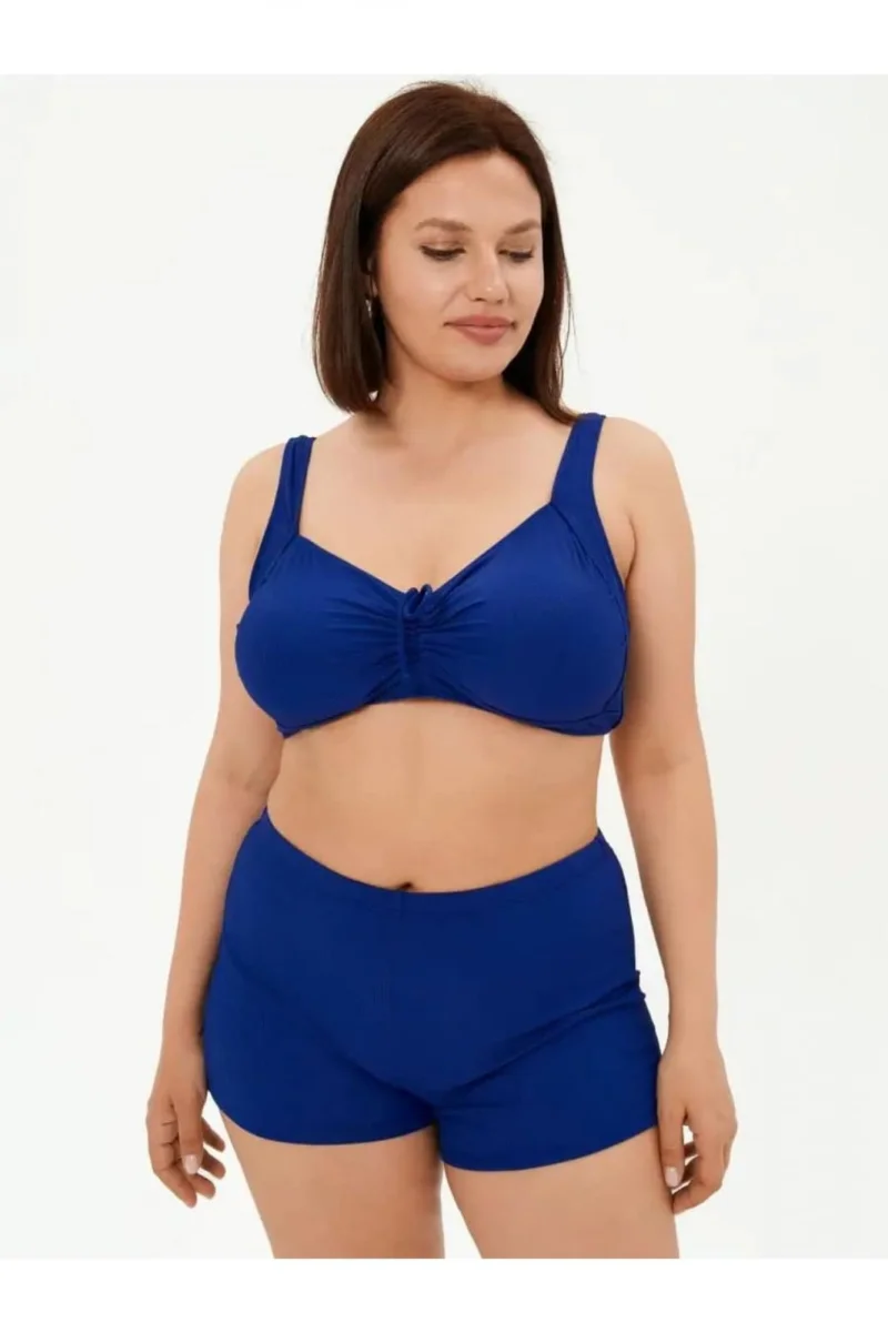 Costum baie dama 2 piese, marime mare, slipi tip pantaloni scurti, bleumarin 22099