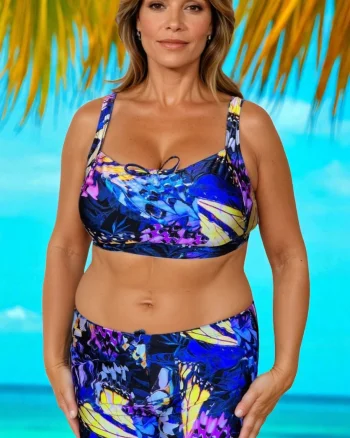 Costum baie dama 2 piese, marime mare, slipi tip pantaloni scurt albastru floral m5007-1
