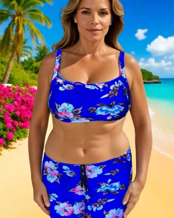 Costum baie dama 2 piese, marime mare, slipi tip pantaloni scurt albastru m5007-m