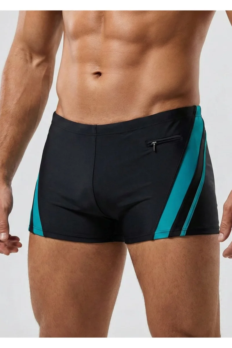 Slip de baie barbati tip boxeri, cu snur si buzunar cu fermoar negru verde Q329