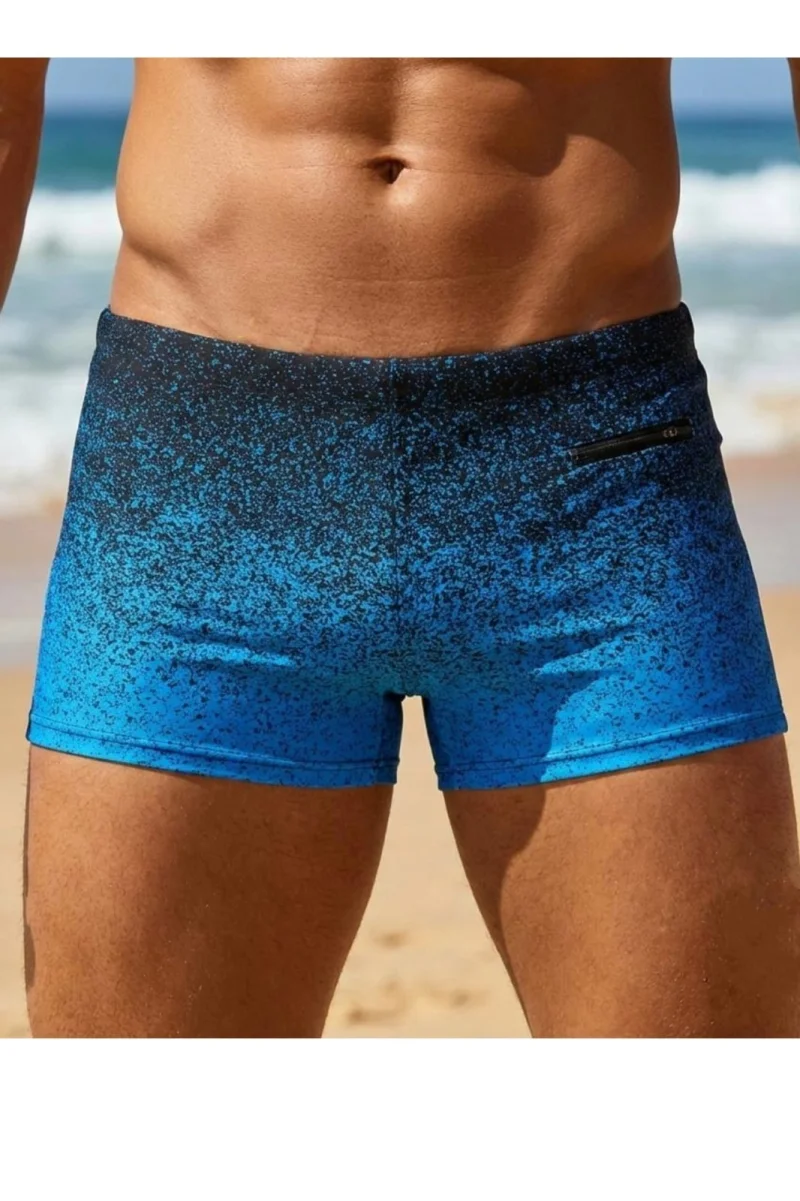 Slip de baie barbati boxeri, inchidere cu snur si buzunar bleu Q320