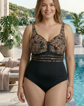 Costum de Baie Intreg cu Efect Modelator si Imprimeu Tropical, Negru crem LM080