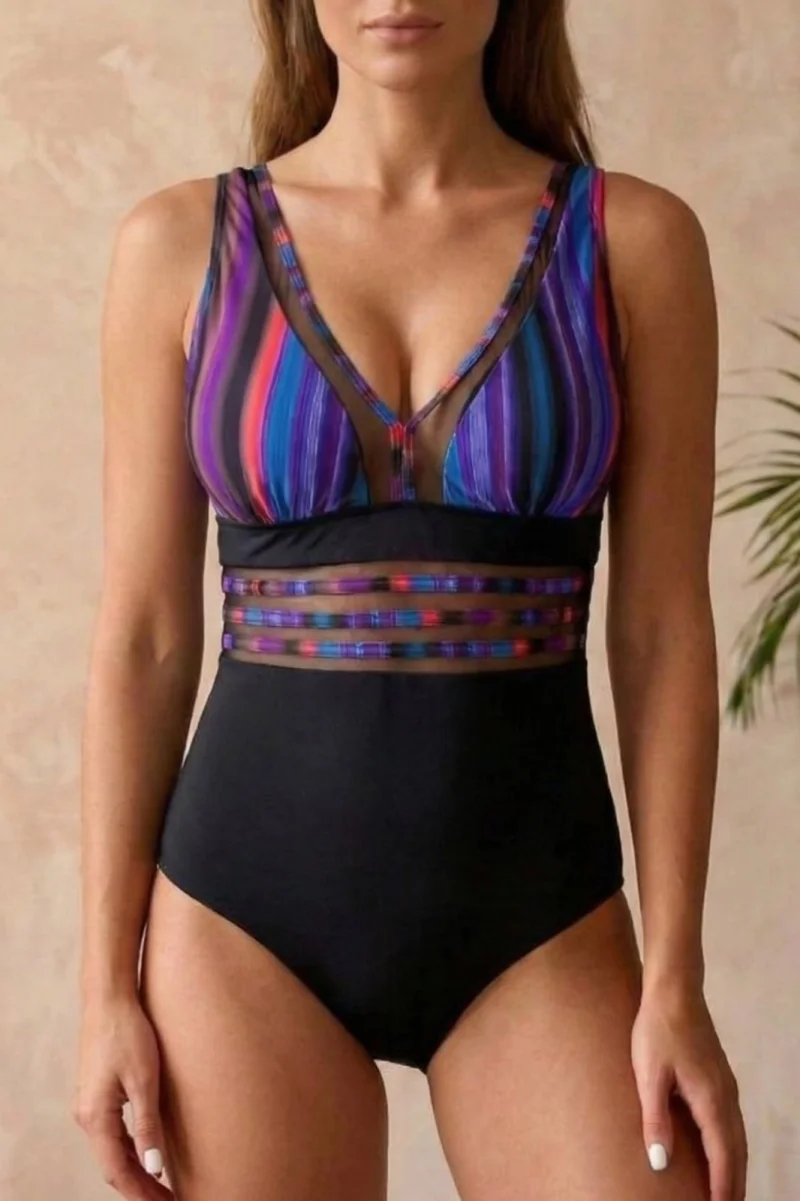 Costum baie intreg modelator cu imprimeu tropical si insertii transparente negru mov 22774
