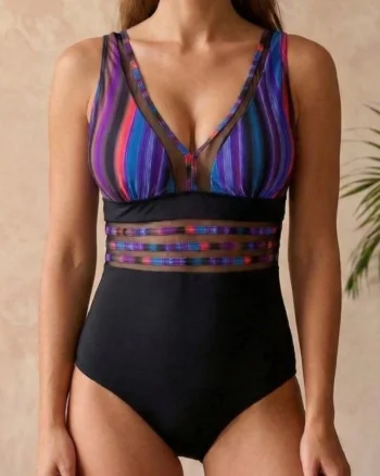 Costum baie intreg modelator cu imprimeu tropical si insertii transparente negru mov 22774