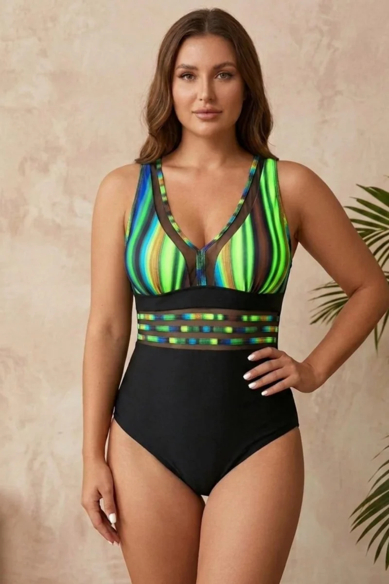 Costum baie intreg modelator cu imprimeu tropical si insertii transparente negru neon 22774