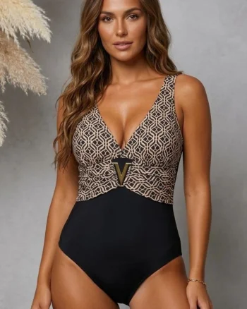Costum baie intreg dama, modelator, aplicatie metalica in V, Y9103-1 negru bej
