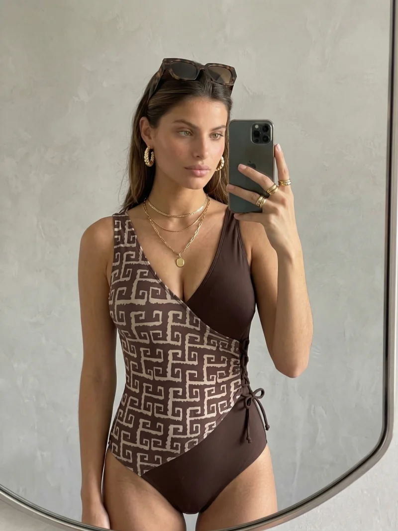 Costum de baie intreg modelator, negru cu imprimeu geometric si snur maro 6603