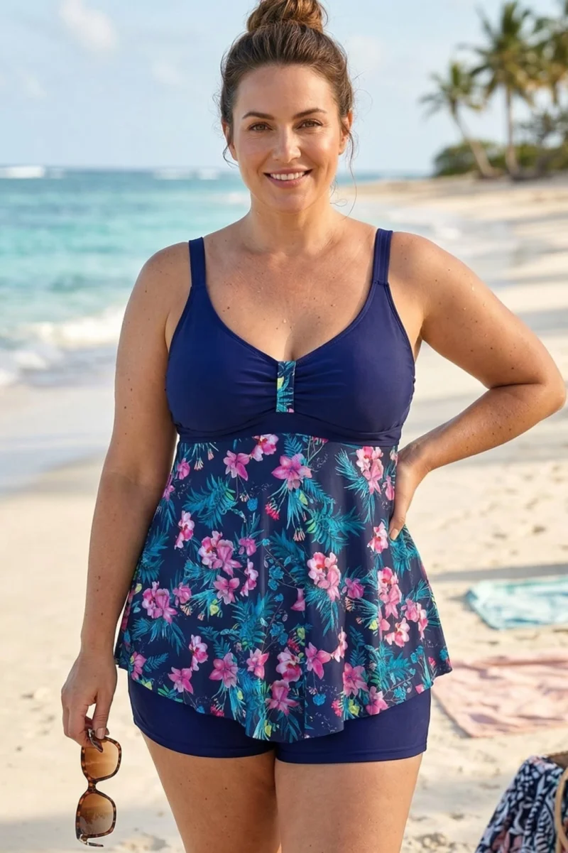 Costum de baie marime mare tip tankini, doua piese, fusta si pantaloni scurti, bleumarin w110