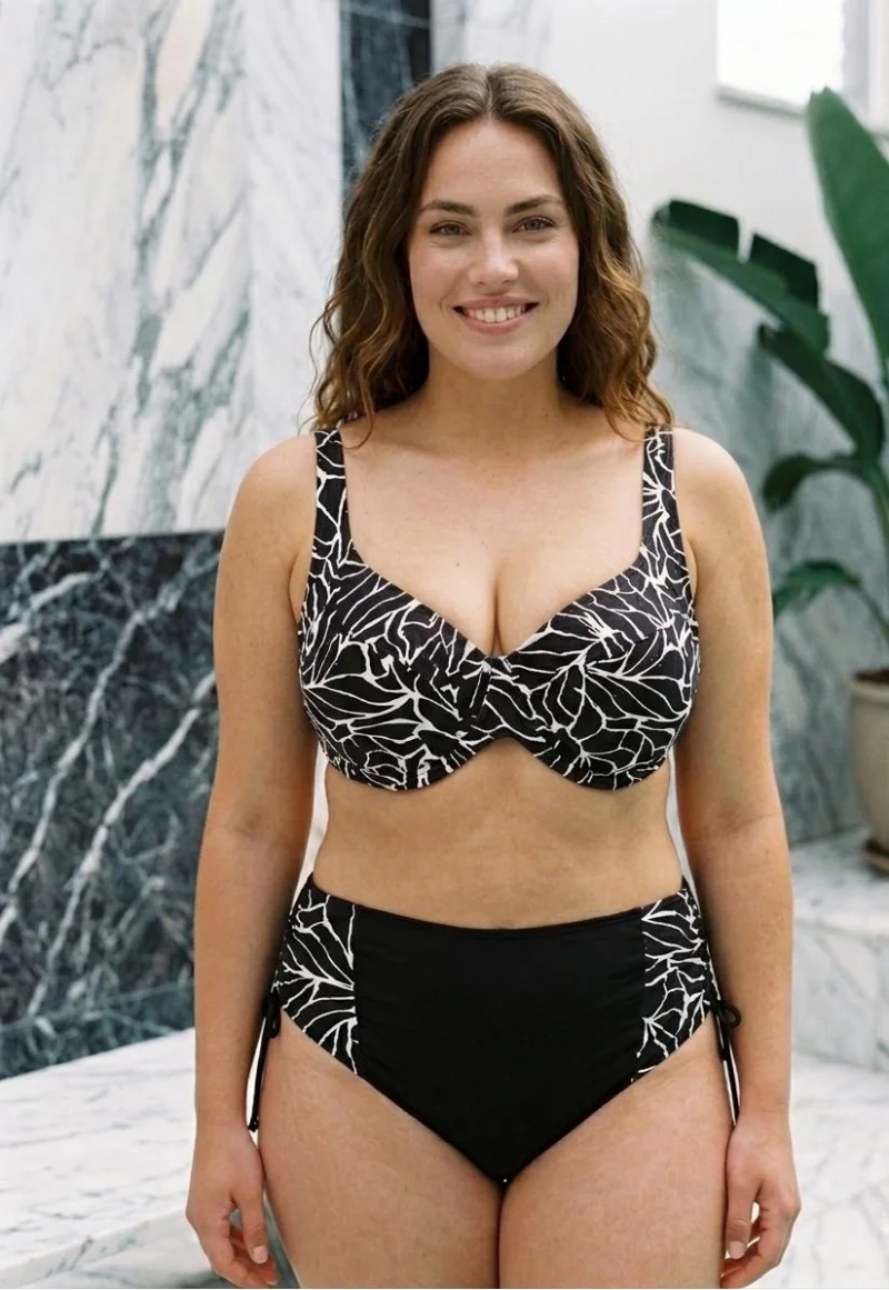 Costum de Baie 2 piese cu Imprimeu Tropical Alb-Negru si Talie Inalta 6601
