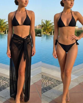 Set 3 Piese Costum de Baie cu Pareo Lung  Negru  Y9221