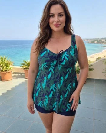 Costum de Baie Tankini cu rochita si slip tip pantaloni scurti 2 Piese Bleumarin f2503