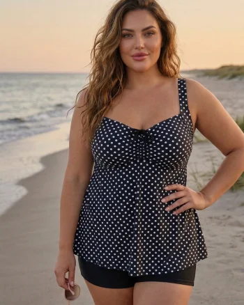 Costum de Baie Tankini cu rochita si slip pantaloni scurti 2 Piese buline f2503