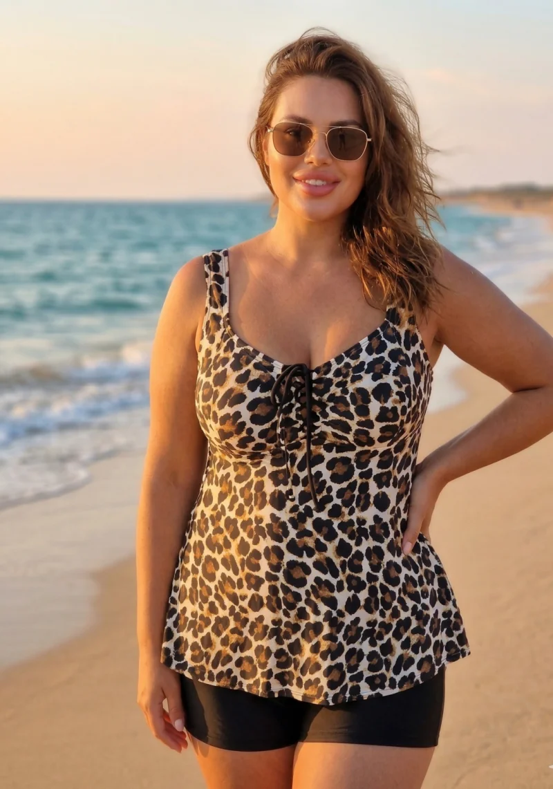 Costum de Baie Tankini cu rochita si slip pantaloni scurti 2 Piese leo print F2503
