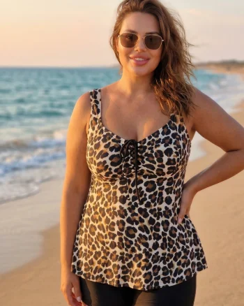 Costum de Baie Tankini cu rochita si slip pantaloni scurti 2 Piese leo print F2503