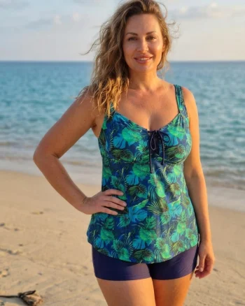 Costum de Baie Tankini cu rochita si slip pantaloni scurti 2 Piese tropical palms F2503