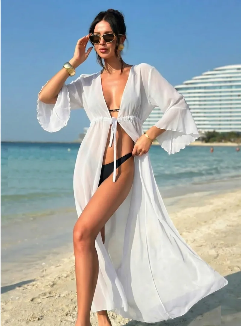 Rochie de plaja dama pareo, cu cordon inchidere in talie, lunga 00122 alb