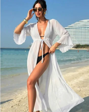 Rochie de plaja dama pareo, cu cordon inchidere in talie, lunga 00122 alb