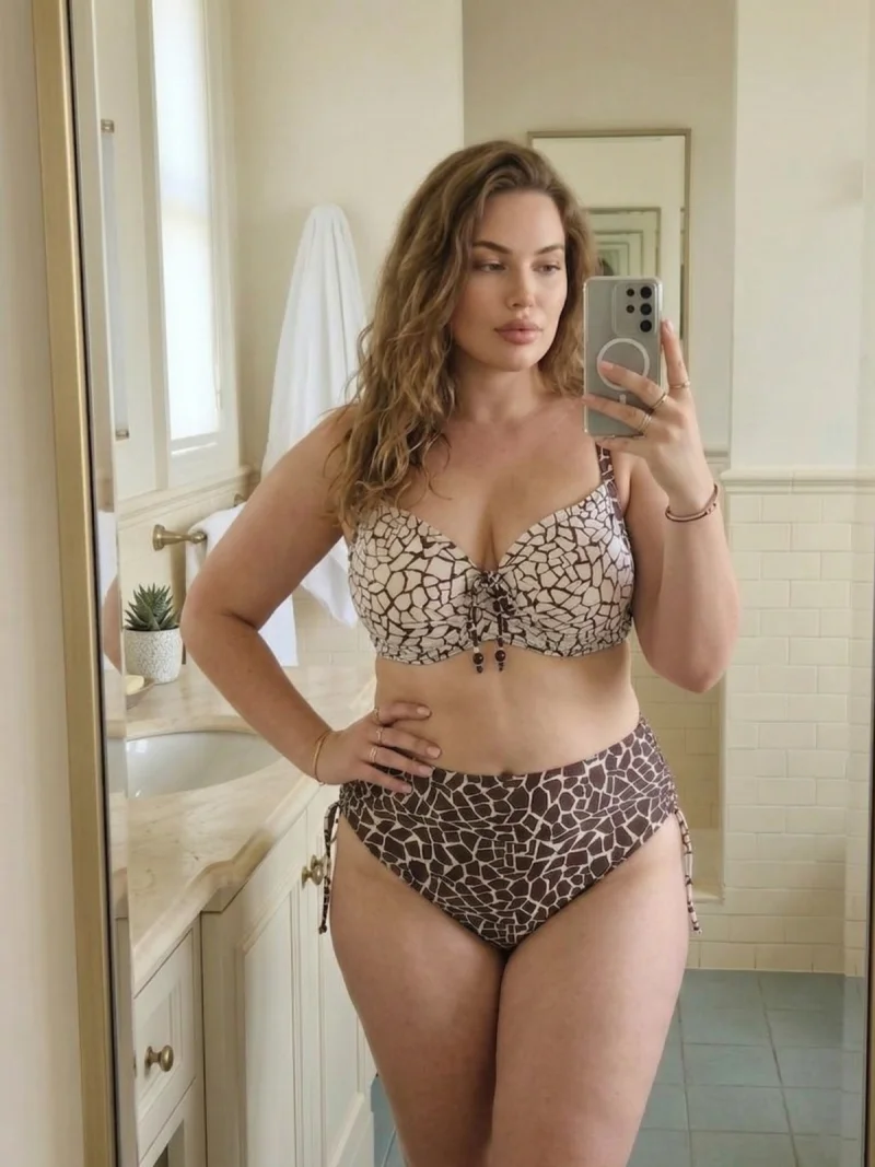 Costum de baie dama 2 piese, talie inalta, sutien cu sustinere crem maro y9200